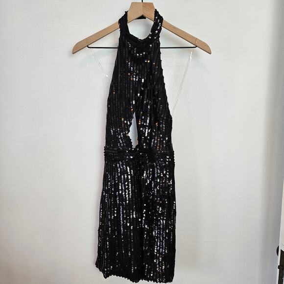Tiger Mist Sequin Halter Mini Dress S Black‎ Cutout Front Sleeveless Keyhole - Picture 2 of 11